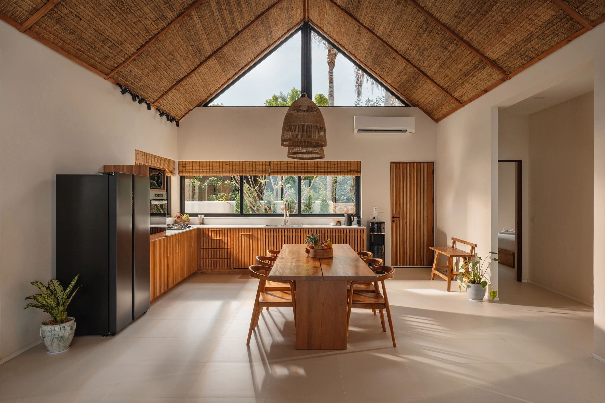 Modern wooden kitchen and dining area